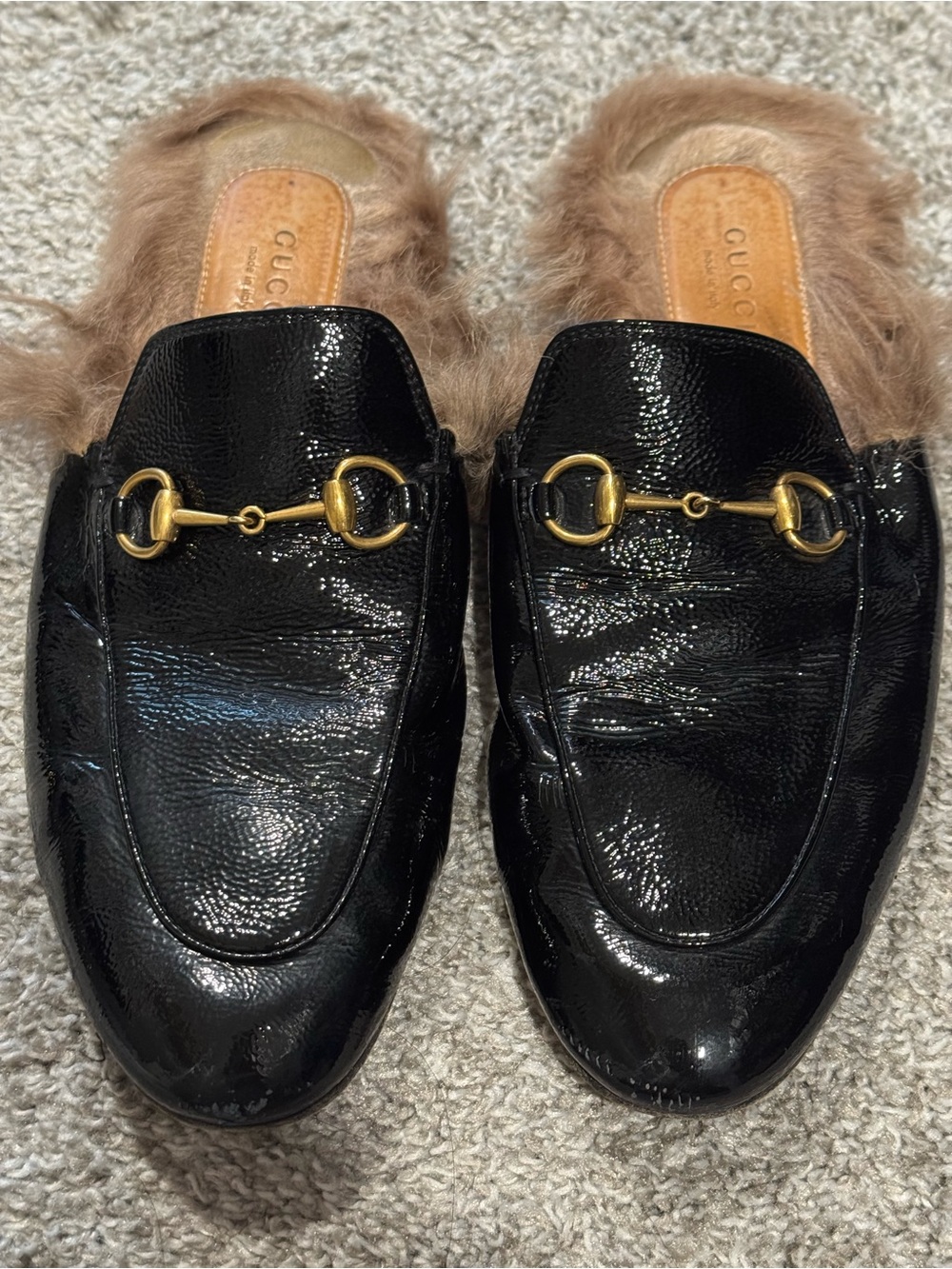 Gucci Princeton Gucci Black Leather Fur-Lined Horsebit Mules - Picture 2 of 4